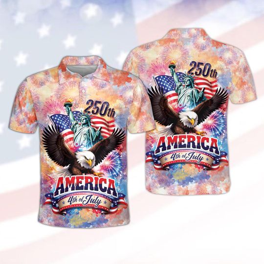America 250th Polo Shirt, Patriotic 4th of July Shirt, Eagle Flag Liberty USA 2026 Fireworks Polo