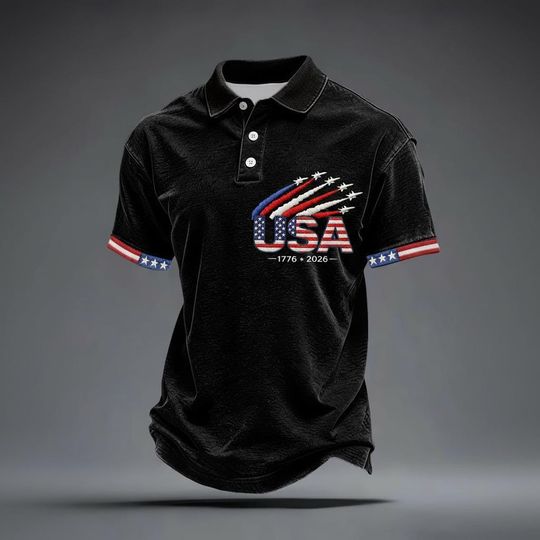 USA Patriotic Polo Shirt with American Flag and Firework Design for Independence Day & 250th Anniversary