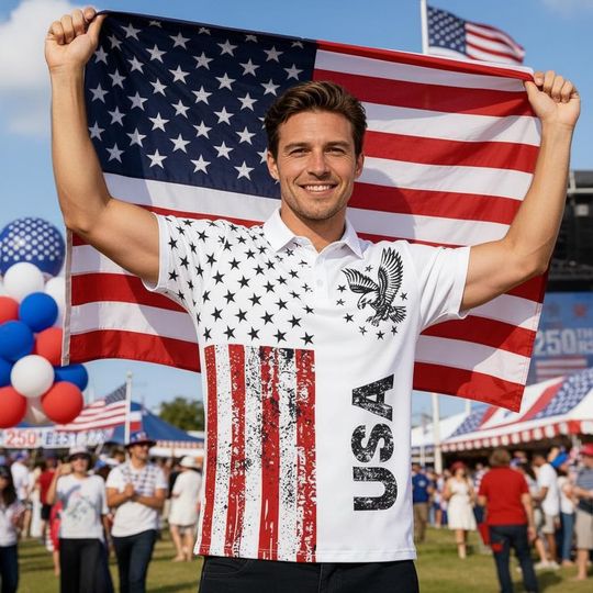 Discover USA Patriotic Polo Shirt Men, American Flag Eagle Shirt, 4th Of July Polo, Independence Day Outfit, USA Pride Apparel Gift For Men
