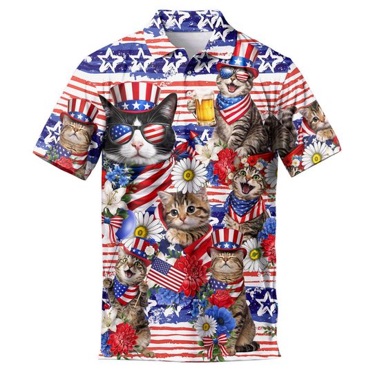 Discover Patriotic Cat Golf Polo, Uncle Sam USA Pride Shirt, Men's 4th of July Gift