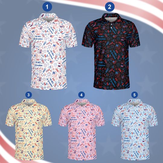 Discover 250 Years of Freedom Polo Shirt, Patriotic USA Polo, Red White Blue American Flag Shirt, 4th of July Outfit, Independence Day Gift