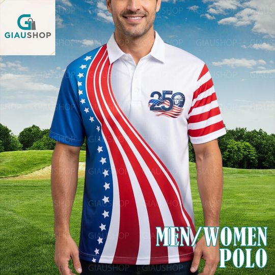 Discover 250 Years 1776-2026 Polo Shirt, Patriotic USA Flag Shirt, Independence Day Outfit, 4th of July Polo, America Flag Men Women Shirt