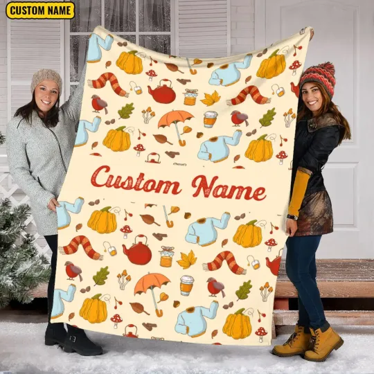 Discover Custom Name Fall Autumn Pumpkin Fleece Blanket