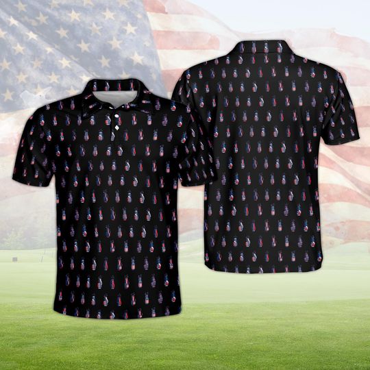 Patriotic Golf Polo Shirt for Men, American Flag Golf Bag Pattern USA Polo, Fourth of July Men's Apparel, Red White Blue Golfing Shirt