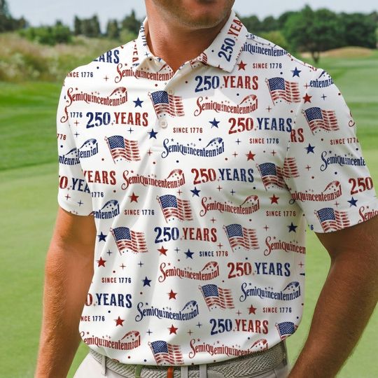 Discover USA Anniversary Golf Polo Shirt, American Flag Golf Shirt, Semiquincentennial Golf Shirt, Red White Blue Golfer Tee, 4th Of July Polo Shirt