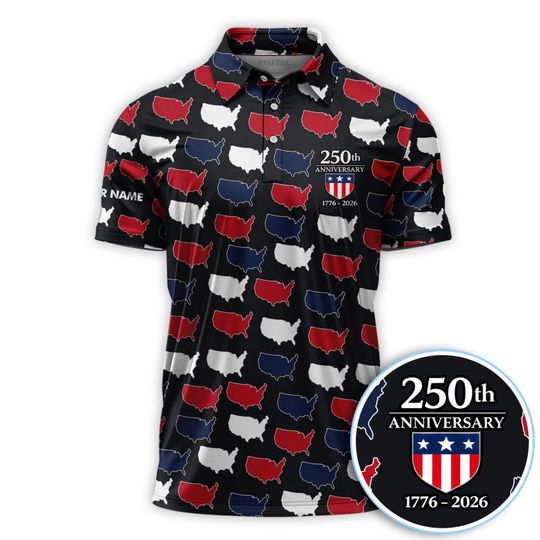 America 250 Polo Shirt Men, USA 250th Anniversary Shirt 17762026, Patriotic US Map Polo, Fourth of July Gift for Men