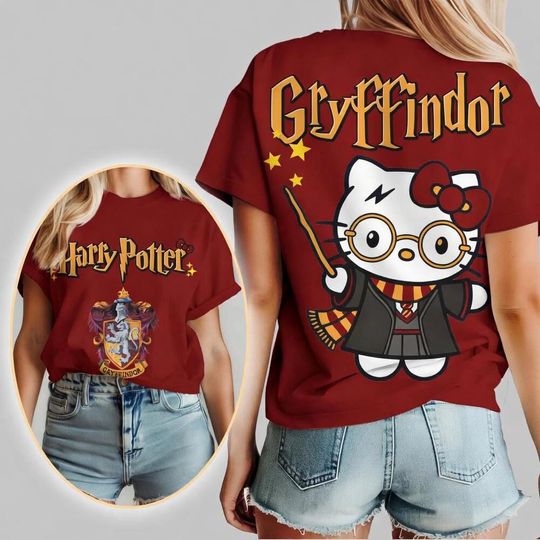 Discover Hello Kitty x Harry Potter T Shirt, Cute Cartoon Tee, Magic Wizard Graphic T-Shirt, Kawaii Anime Shirt, Fantasy Fan Gift