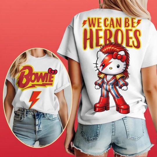 Discover David Bowie x Hello Kitty We Can Be Heroes T Shirt, Vintage Rock Graphic Tee, Ziggy Stardust Style Shirt, Retro Music Fan Tee