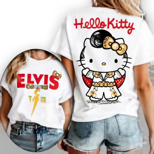Discover Retro Hello Kitty x Elvis Presley Unisex T Shirt, Cute Cartoon Tee, Vintage Rock n Roll Graphic T-Shirt, Retro Music Fan Gift