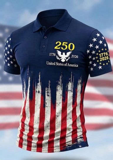 Discover America 250 Polo Shirt, 1776-2026 USA 250th Anniversary Top, Gift for Dad Father, Patriotic Red White Blue Flag Polo, Gift for Golf Lovers