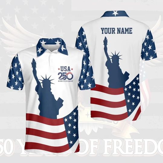 250 Years Of Freedom Polo Shirt, Patriotic US Flag Polo Custom Name, USA 4th Of July Anniversary Shirt