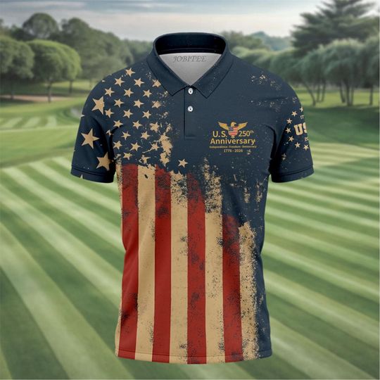 Discover USA 250th Anniversary Golf Polo Shirt, Patriotic American Flag Golf Shirt 17762026, Independence Day Polo, 4th of July Golfer Gift for Men
