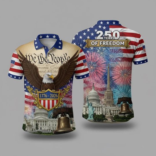 Discover USA 250th Anniversary Polo Shirt, We The People Eagle Patriotic Golf Shirt, 17762026 Flag Fireworks 4th of July Outfit, USA Gift for Men