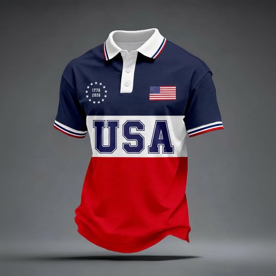 USA 17762026 Patriotic Polo Shirt  American Flag Color Block Polo for Independence Day & USA 250th Anniversary