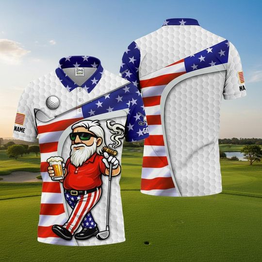 Patriotic Golf Beer Shirt  Mens 4th of July Golf Polo, USA 250th Anniversary Golf Shirt, Golf Course Pattern Shirt