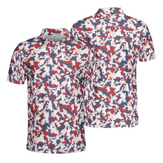 Discover Red White and Blue Patriotic Woodland Camo Performance Golf Polo