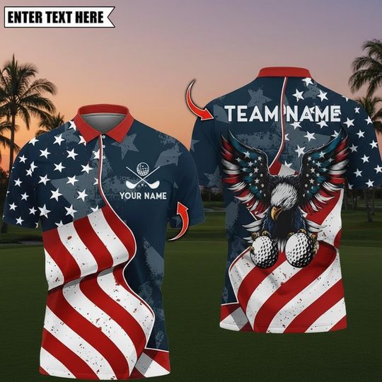 Discover Golf Eagle American Flag Personalized Name, Team Name 3D Polo Shirt, Golf Team Jersey for Golfer, Golf Shirt, Gift for Golfer.