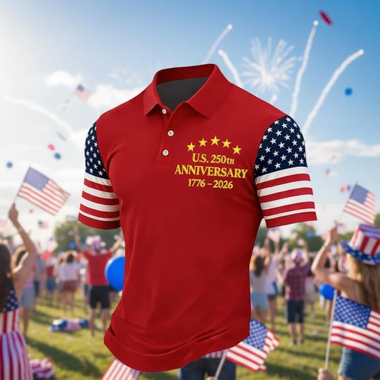 Discover USA 250th Anniversary Polo Shirt Men, 17762026 Patriotic Golf Polo, 4th Of July American Flag Shirt, Independence Day Outfit