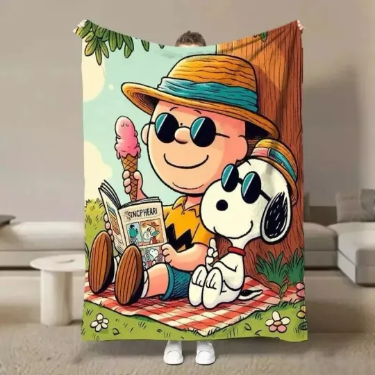 Discover Cute Comic Boy & Beagle Ice Cream Picnic Flannel Blanket Cozy Gift Throw