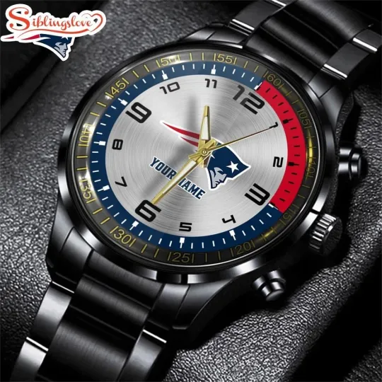 Discover Custom Name New England Football Team Patriotss Black Stainless Steel Watch Gift