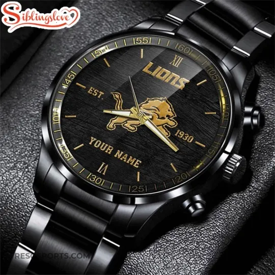 Discover Custom Name Detroit Football Team Lionss 3D Men Black Stainless Steel Watch Gift
