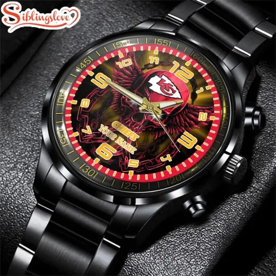 Discover Custom Name Kansas City Football Team Chiefss 3D Men Black Stainless Steel Watch