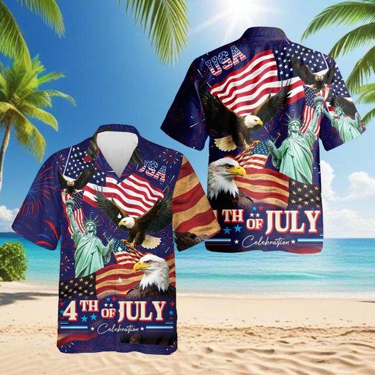 Discover 4th of July Hawaiian Shirt, USA Patriotic Aloha Shirt, Eagle Statue of Liberty Shirt, Independence Day Shirt, American Flag Shirt