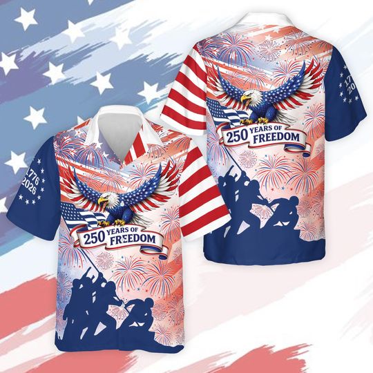 Discover America 250th Anniversary Hawaiian Shirt, 250 Years of Freedom 1776-2026 Button Up, Patriotic Eagle Fireworks Shirt, 4th of July Gift
