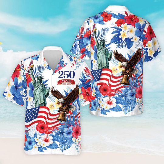 Discover American 250 Years Hawaiian Shirt, Statue of Liberty Bald Eagle Flag Button Up, 4th of July Patriotic Tropical Shirt, Independence Day Shirt