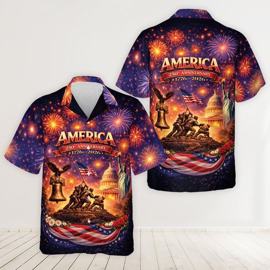 America 250th Anniversary Hawaiian Shirt 17762026, Patriotic 4th of July Shirt, USA Flag Eagle Fireworks Shirt