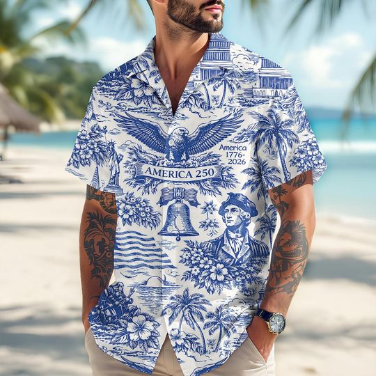 Discover America 250th Anniversary Toile De Jouy Style Patriotic Hawaii Shirt, USA 250th Anniversary Hawaiian Shirt, Patriotic Shirt, Patriotic Gift
