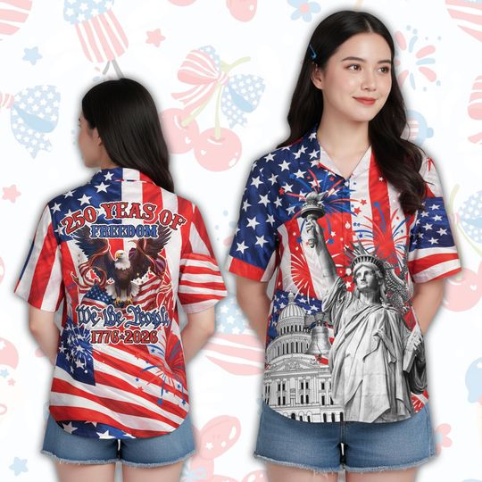 Discover 250 Years Of Freedom America Hawaiian Shirt, USA 4th July Firework Button Up Shirt, Patriotic Gift For Veteran, Independence Day Aloha Shirt