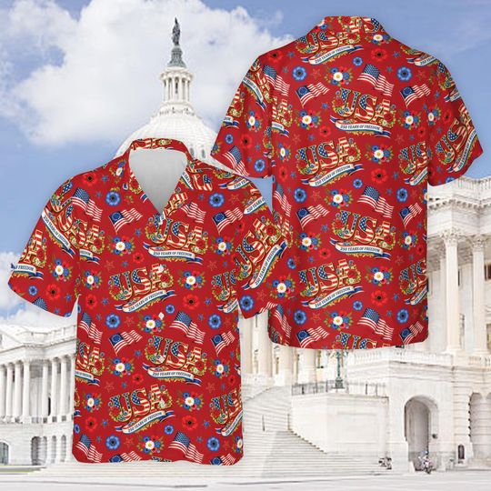 Discover Vintage USA 250 Years of Freedom Hawaiian Shirt, Patriotic American Flag Button Up, Fourth of July Floral Summer Top, Independence Day Gift