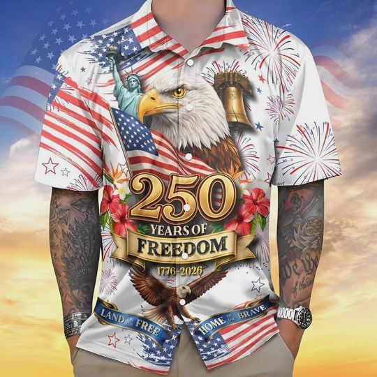 Discover America 250th Anniversary Hawaiian Shirt, 250 Years Of Freedom Shirt, Eagle American Flag Anniversary 17762026, Patriotic 4th Of July Shirt