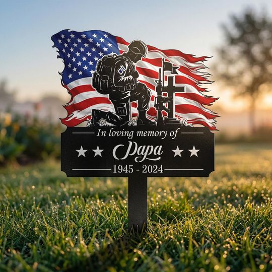 Discover Personalized Veteran Military Memorial Garden Stake, Custom American Flag Soldier Grave Marker