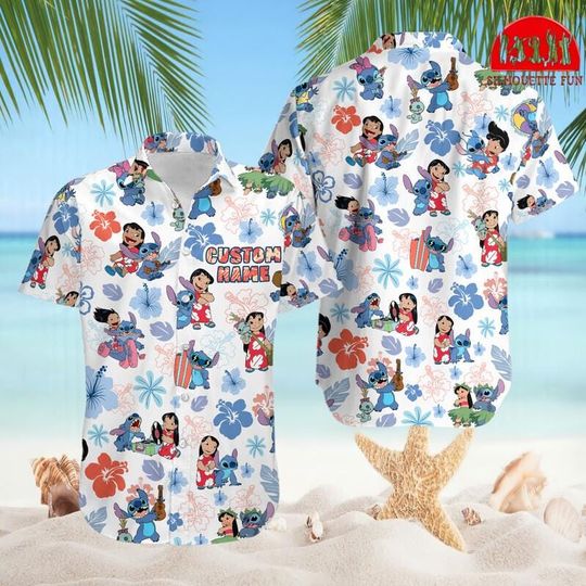 Discover Retro Stitch Aloha Floral Hawaiian Lilo And Stitch Shirt, Lilo Stitch Button Up Shirt, Disneyland Summer Trip Shirt, Family Matching Outfit