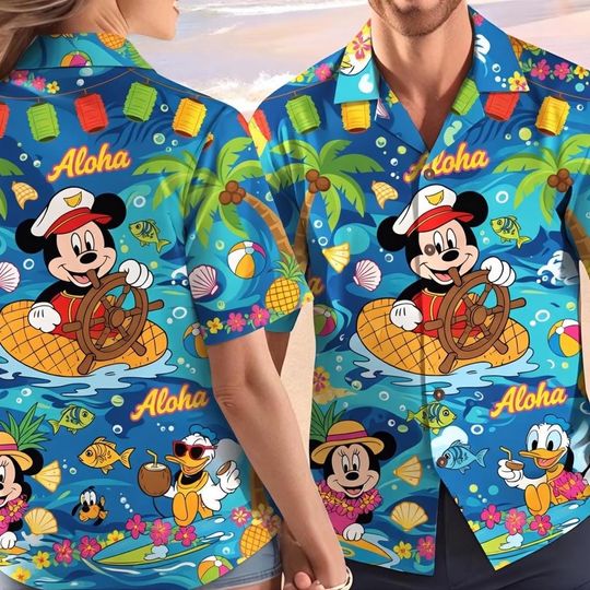 Discover Mickey and Friends Hawaiian Shirt, Disney Cruise Outfits, Matching Couple Aloha Shirt, Tropical Summer Vacation Wear