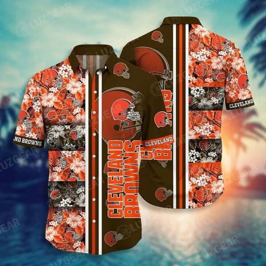 Discover football Cleveland Browns Orange Tropical Flowers Hawaiian Shirt V2