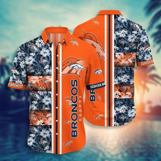 Discover football Denver Broncos Tropical Flowers Orange Hawaiian Shirt