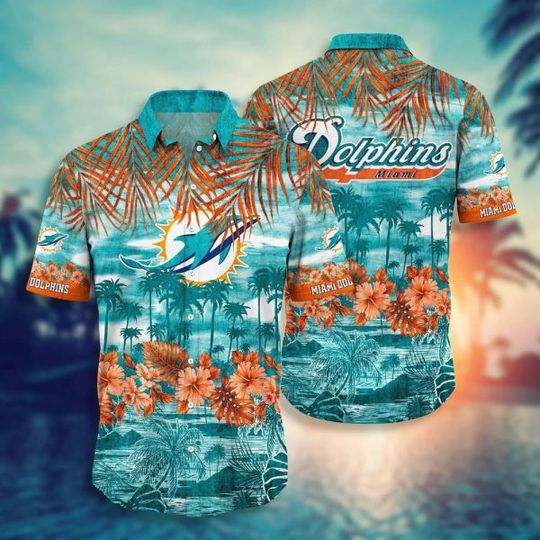 Discover football Miami Dolphins Aqua Orange Flowers Hawaiian Shirt