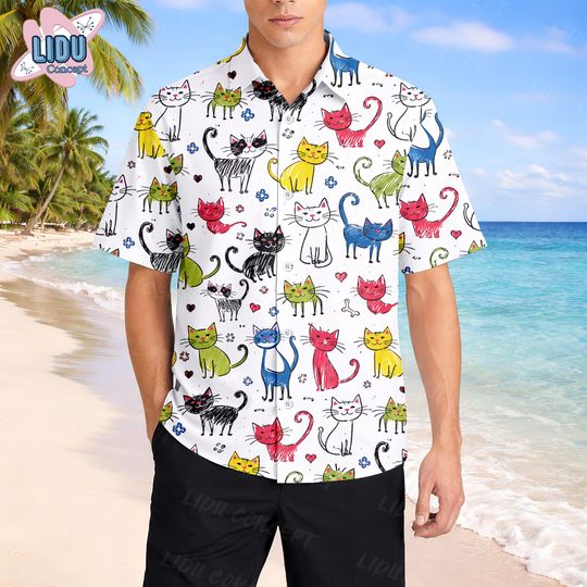 Discover Cat Hawaii Shirt, Tropical Cat Aloha Button-Up, Animal Print Casual Summer Shirt for Cat Lovers