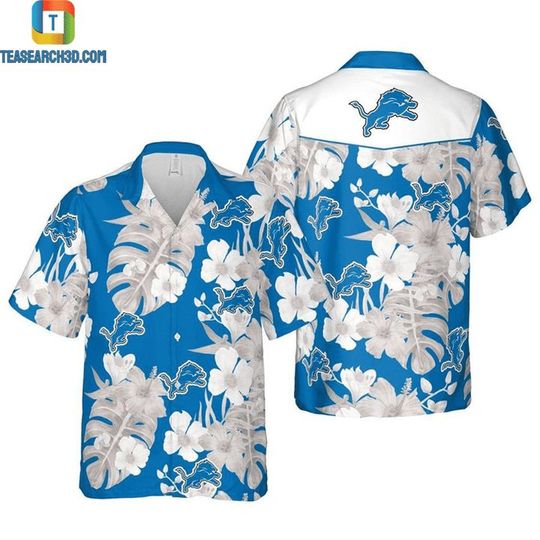 Discover football Detroit Lions Blue Silver Flower Hawaiian Shirt