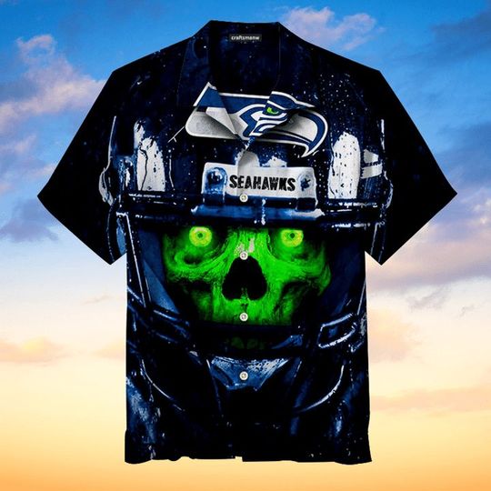 football Seattle Navy Green Skull Hawaiian Shirt