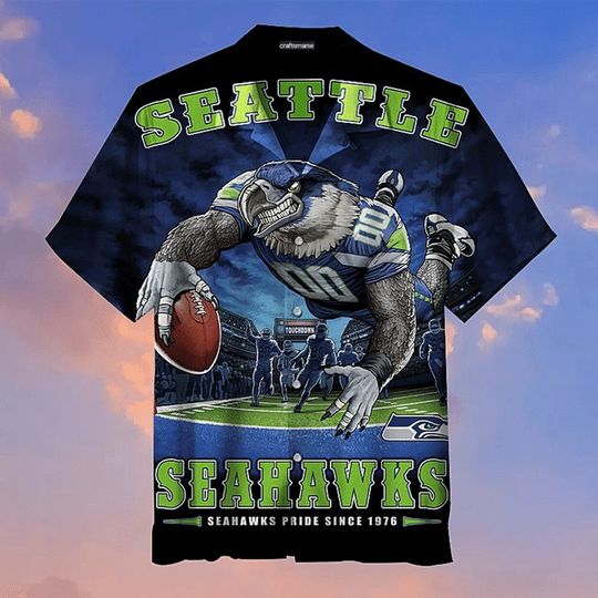 Discover football Seattle Seahawks Navy Mascot Hawaiian Shirt