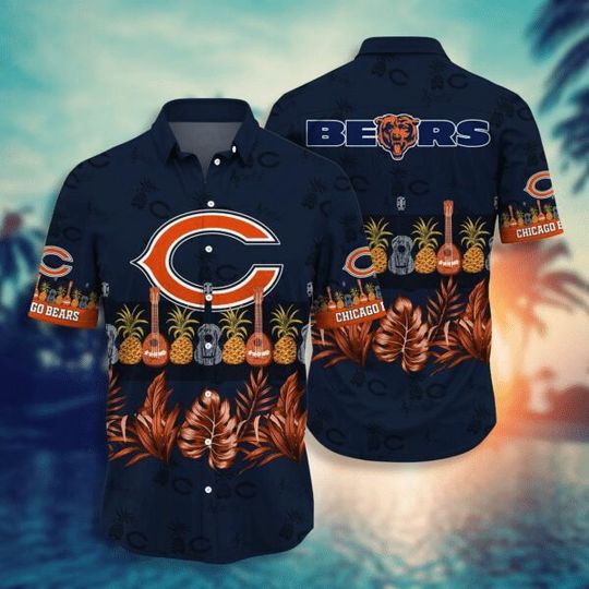 football Chicago Guitar Pineapple In Dark Blue Hawaiian Shirt