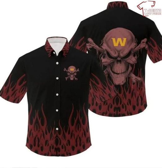 Discover football Washington Commanders Brown Fire Black Skull Hawaiian Shirt