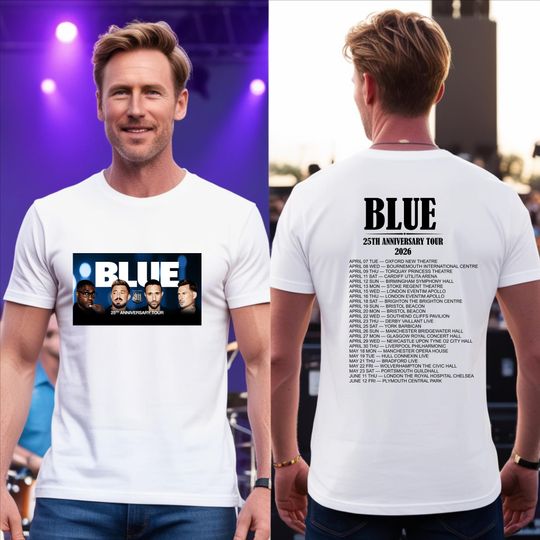 Discover Blue 25th Anniversary Tour 2026 T-Shir, Front Back Print UK Concert Dates Tee Boyband Fan Shirt, Retro Pop Music Graphic Top Unisex Gift
