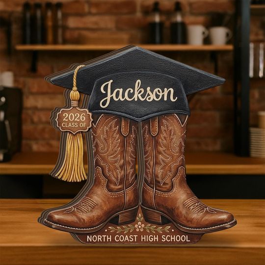 Discover Personalized Wooden Block, Graduation Cap Cowboy Boots Decor, Custom Name Class Year Display