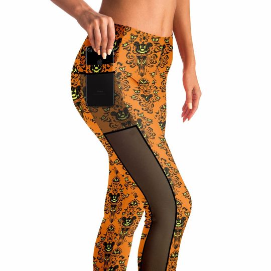 Haunted Mansion Halloween Mesh Pocket Leggings | Haunted Mansion Wallpaper | Disney Leggings | Run Disney | Wear to Disney | Leggings