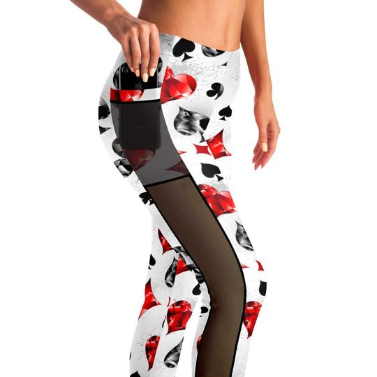 Bejeweled Card Suits Mesh Pocket Leggings | Poker Leggings | Pocket Leggings | Wear to Casino | Poker gear | Womens Leggings